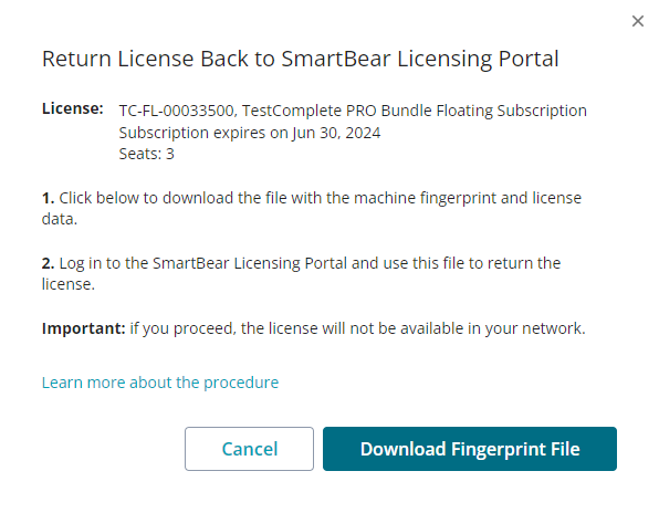 The Return License dialog