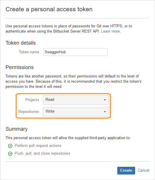 Permissions for the personal access token