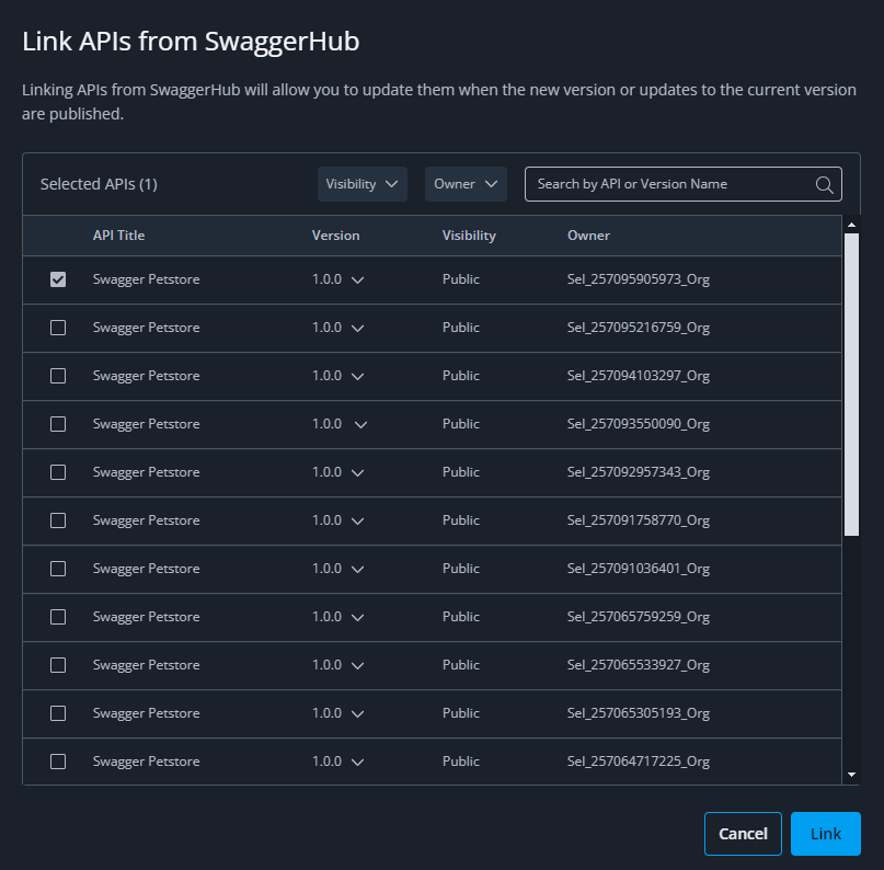 A screenshot of linking APIs window.